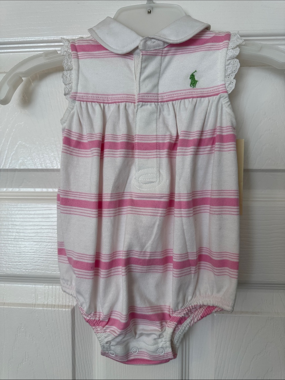 Ralph Lauren - vintage White and Pink Striped Baby Romper with Green Polo Logo